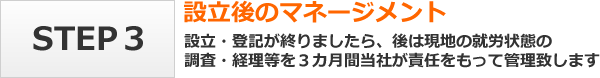 設立後のマネージメント（設立・登記が終りましたら、後は現地の就労状態の調査・経理等を３カ月間当社が責任をもって管理致します）